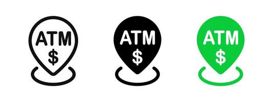 ATM pin dollar icon. Banking location symbol. Cash dispenser marker. Automated teller machine navigation pointer. Money withdrawal map. Payment terminal illustration. vector