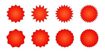 Red starburst price label icon collection. Sunburst discount sticker set. Empty burst price tag illustration. Blank promotion seal. Abstract geometric bubble collection. Red circle discount tag vector