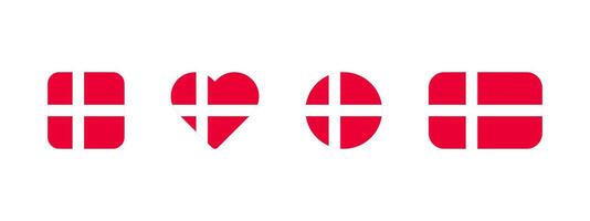 Danish flag icon. Flag of Denmark sign. Danish national banner. Emblem of Denmark. Multicolor Copenhagen banner in four different shapes square, heart, circle and rectangle with silver cross. vector