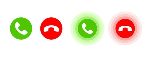Accept and decline call icon set. Answer and reject call buttons collection. Green and red incoming call mobile interface pictogram. Round mobile phone accept and decline buttons illustration. vector