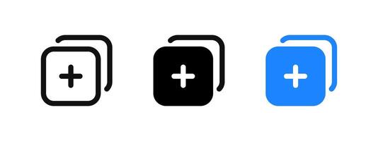 Add new post icon. Create new layer symbol. Duplicate sign. Publish button. Sum and plus square pictogram. Add post illustration. vector