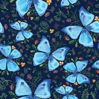 Non directional, hand drawn, seamless pattern featuring vibrant blue butterflies fluttering against a deep navy background with delicate floral accents in soft pink, yellow, and green. Perfect vector
