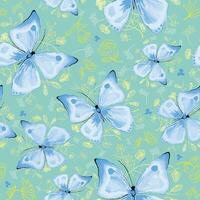 A soft, calming seamless, nondirectional pattern of light blue butterflies fluttering on a soft green background with subtle lime green hand drawn floral accents. Ideal for spring or summer vector