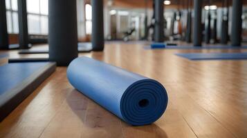 Blue rolled pilates fitness yoga mat for workouts in the gym photo