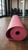 pink rolled pilates fitness yoga mat for exercise in the gym photo