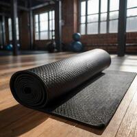 Black fitness yoga mat for exercise in the gym photo
