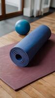 Blue pilates fitness yoga mat for exercise in the gym photo