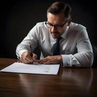 Professional Businessman in a suitsigning a document paperwork formal attire photo