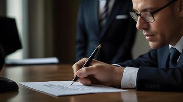 Professional Businessman signing a document formal attire at work photo