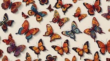 Many Flying insect spring butterflies pattern white background photo