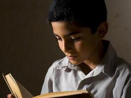 Learning Hispanic schoolboy reading a book in School for Education photo