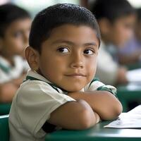 Hispanic Schoolboy Student learning and studying in the Classroom photo