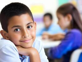 Young Hispanic Schoolboy learning and studying in the Classroom photo
