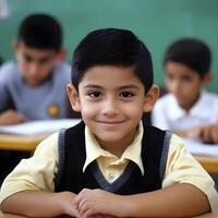 Lucky Hispanic Schoolboy learning and studying in the Classroom photo