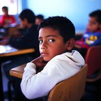 Hispanic Schoolboy learning and studying in the Classroom photo