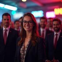 photo of leader boss person standing with group of people in background