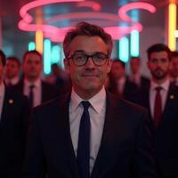 photo of leader boss person standing with group of people in background