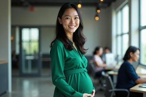 pregnant woman standing and working a her office photo