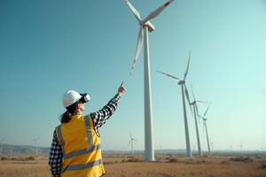 construction worker with outfit wearing VR headset with wind turbine in background photo
