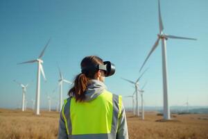 construction worker with outfit wearing VR headset with wind turbine in background photo