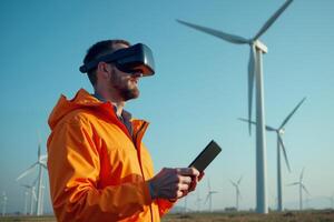 construction worker with outfit wearing VR headset with wind turbine in background photo