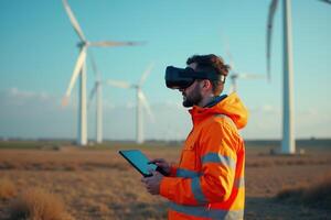 construction worker with outfit wearing VR headset with wind turbine in background photo