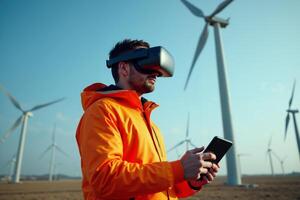 construction worker with outfit wearing VR headset with wind turbine in background photo
