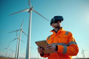 construction worker with outfit wearing VR headset with wind turbine in background photo