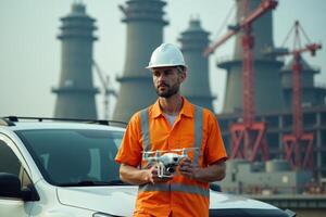 construction worker with outfit holding drone photo