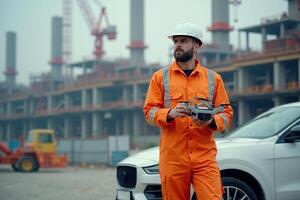 construction worker with outfit holding drone photo