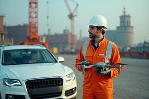 construction worker with outfit holding drone photo
