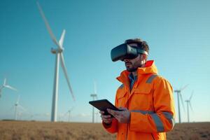 construction worker with outfit wearing VR headset with wind turbine in background photo