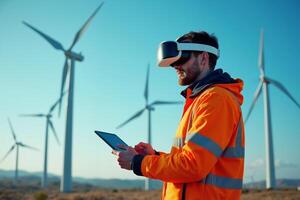 construction worker with outfit wearing VR headset with wind turbine in background photo