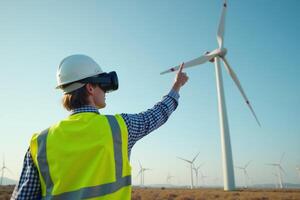 construction worker with outfit wearing VR headset with wind turbine in background photo