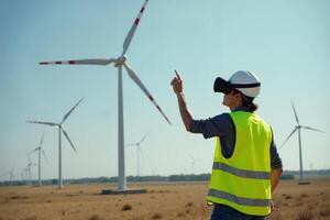 construction worker with outfit wearing VR headset with wind turbine in background photo