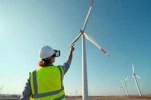construction worker with outfit wearing VR headset with wind turbine in background photo