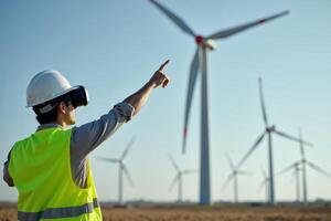 construction worker with outfit wearing VR headset with wind turbine in background photo
