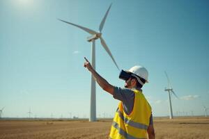 construction worker with outfit wearing VR headset with wind turbine in background photo