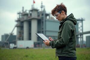 construction worker with outfit holding smart mobile tablet with factory building in background photo