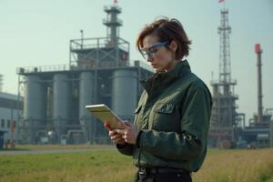 construction worker with outfit holding smart mobile tablet with factory building in background photo