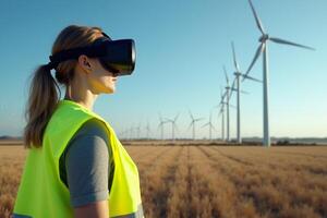 construction worker with outfit wearing VR headset with wind turbine in background photo