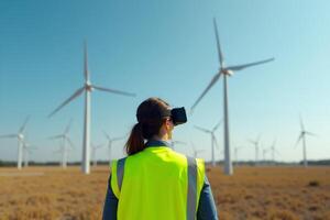 construction worker with outfit wearing VR headset with wind turbine in background photo