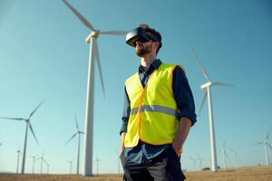 construction worker with outfit wearing VR headset with wind turbine in background photo