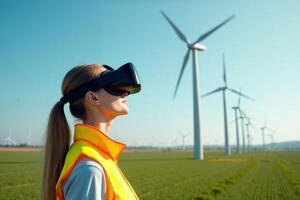 construction worker with outfit wearing VR headset with wind turbine in background photo