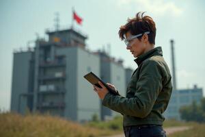 construction worker with outfit holding smart mobile tablet with factory building in background photo