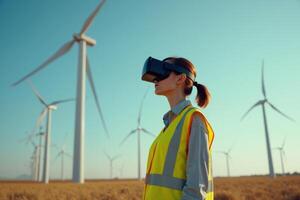 construction worker with outfit wearing VR headset with wind turbine in background photo