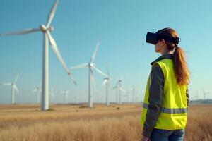 construction worker with outfit wearing VR headset with wind turbine in background photo