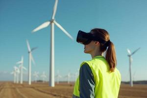 construction worker with outfit wearing VR headset with wind turbine in background photo