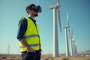 construction worker with outfit wearing VR headset with wind turbine in background photo