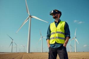 construction worker with outfit wearing VR headset with wind turbine in background photo